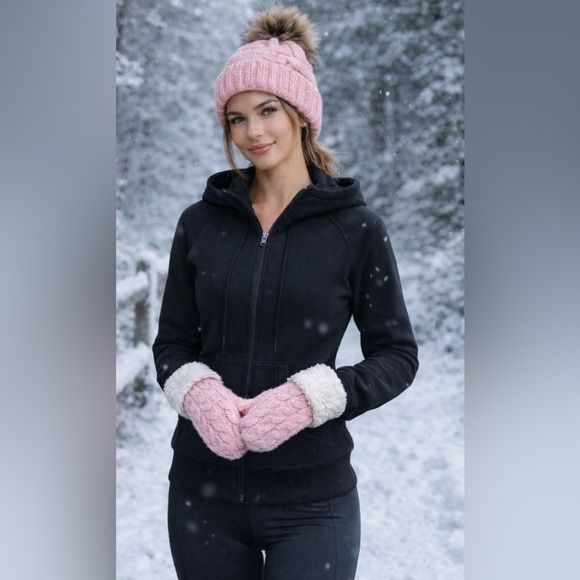 Accessories - Cozy Pink Knit toque Hat and Mittens Set with pom Pom